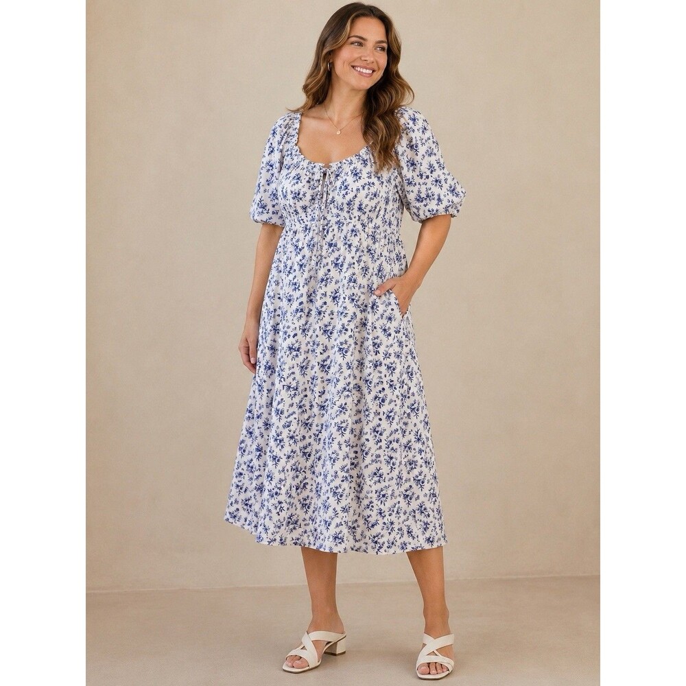 Baltic Born Gwen Floral Amocked Midi Dress Sz Lg Puff Sleeve Feminine Cottagecor